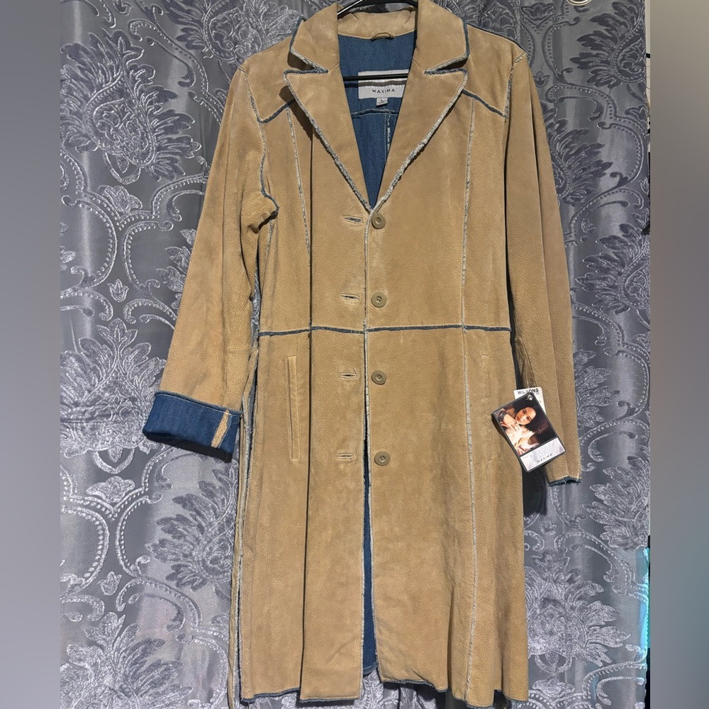 Wilsons Leather Suede Trench Coat Denim Trim